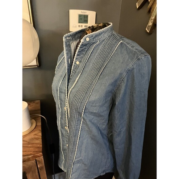 Vintage Ralph Lauren Chambray Denim Pintuck Embroidered Blouse Shirt Top Women 4 - Picture 1 of 8